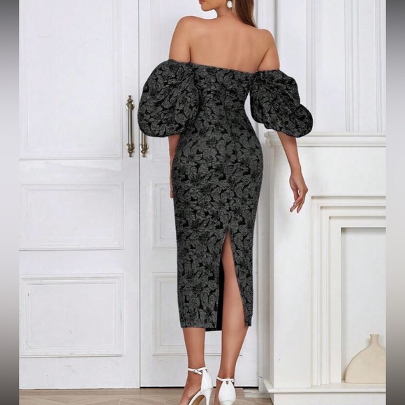 Luxe floral jacquard off shoulder party formal evening dress - Picture 13 of 15